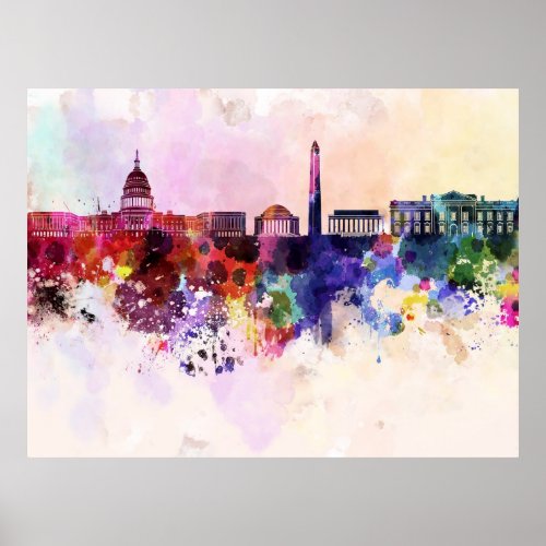 Washington DC skyline in watercolor background Poster