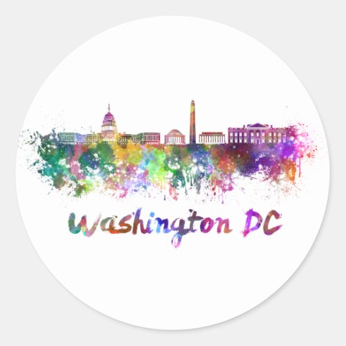 Washington DC skyline in watercolor Classic Round Sticker