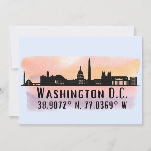 Washington DC Skyline Latitude and Longitude  Card