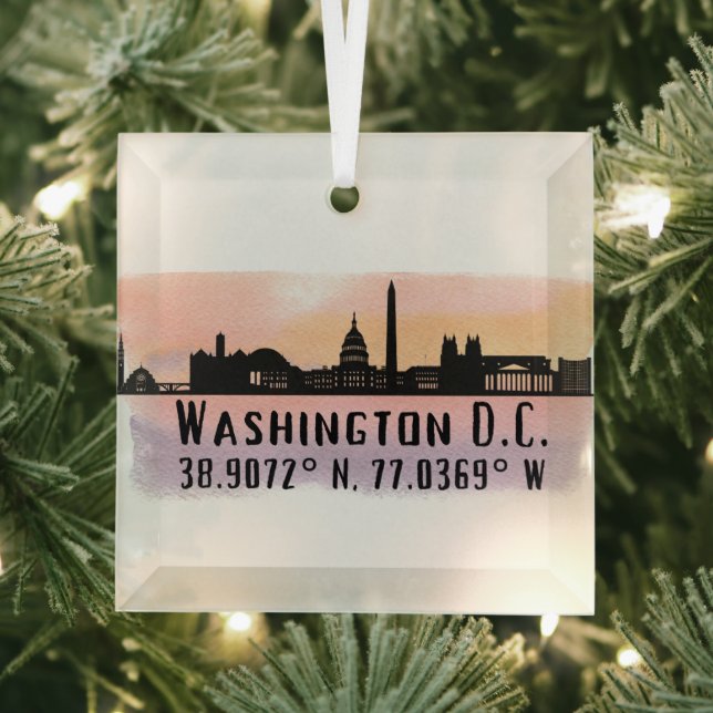 Washington DC Skyline Latitude and Longitude  Glass Ornament (Insitu)