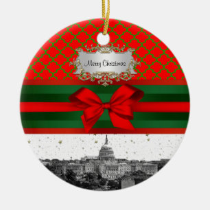 Washington DC Skyline Red Green Quatrefoil BG Xmas Ceramic Ornament