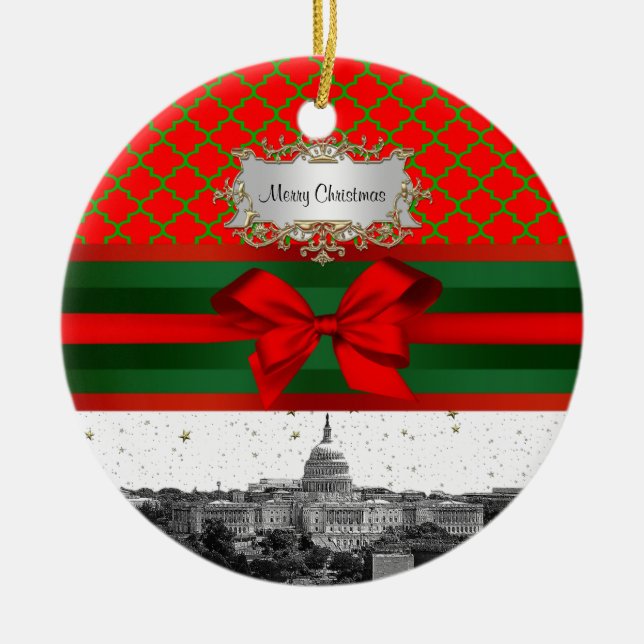 Washington DC Skyline Red Green Quatrefoil BG Xmas Ceramic Ornament (Front)