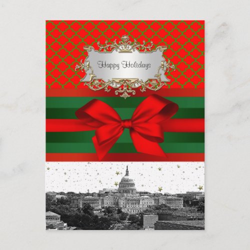 Washington DC Skyline Red Green Quatrefoil BG Xmas Holiday Postcard