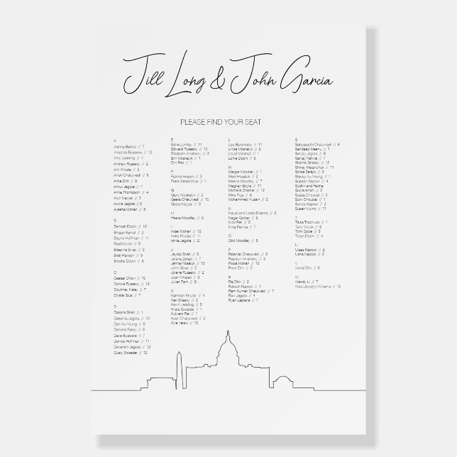 Washington DC Skyline Wedding Seating Chart Foam Board (Front)