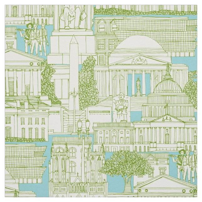 Washington DC toile olive aqua Fabric (Swatch)