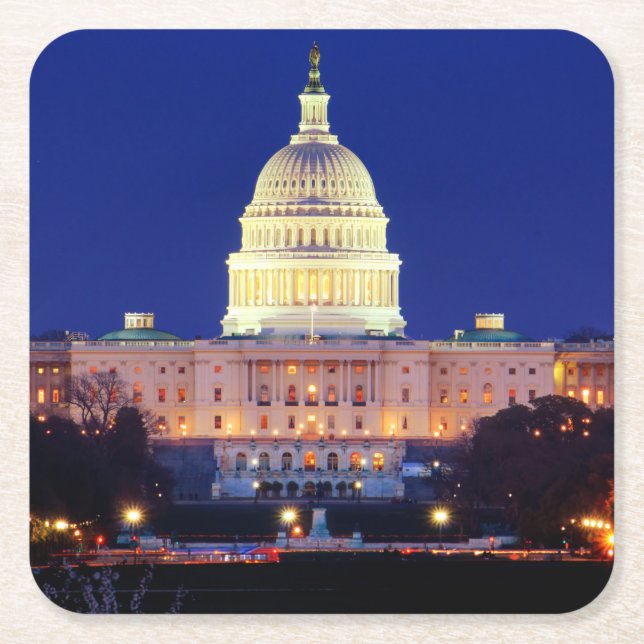 Washington DC United States Capitol at Dusk Square Paper Coaster (Front)