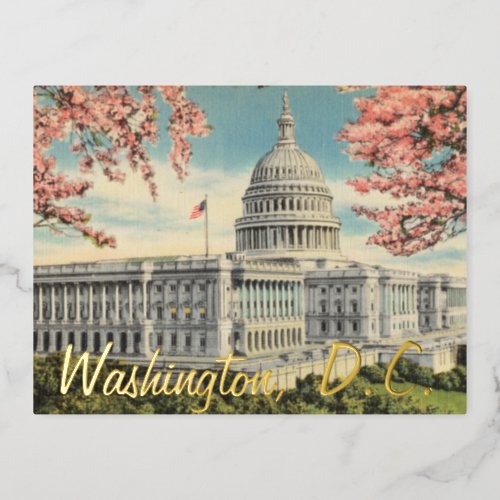 Washington DC US Capitol Cherry Blossoms Gold Foil Holiday Postcard