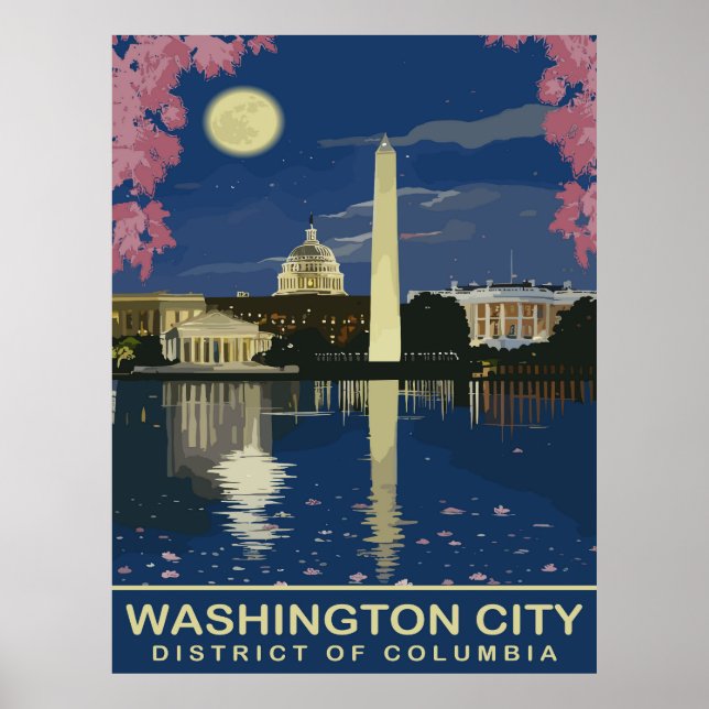 Washington DC, Water Reflections by Night, Travel Poster (Front)