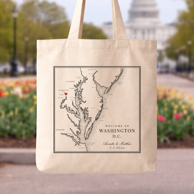 Washington DC Wedding Black and White Welcome Tote Bag (Washington DC Wedding Welcome Tote Bag with Black and White Chesapeake Bay Map Wedding Favor )