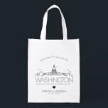 Washington DC Wedding | Stylized Skyline Grocery Bag<br><div class="desc">A unique wedding bag for a wedding taking place in the beautiful city of Washington DC.  This bag features a stylized illustration of the city's unique skyline with its name underneath.  This is followed by your wedding day information in a matching open lined style.</div>