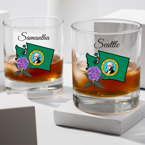 Washington Flag  Flower Pacific Rhododendron Whiskey Glass