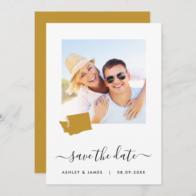Washington Map Photo Wedding Save the Date Card (Front/Back)