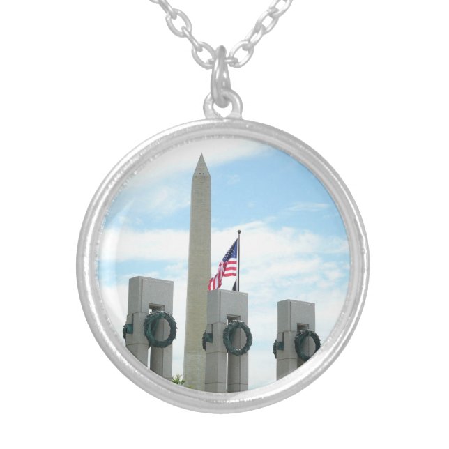 Washington Monument and WWII Memorial in DC Silver Plated Necklace (Front)