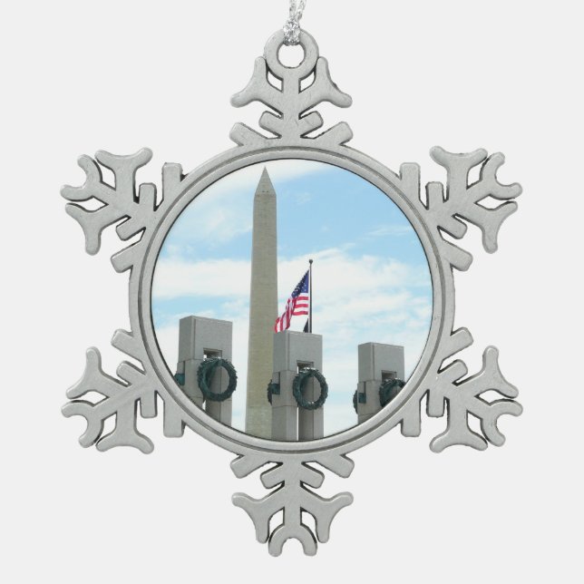 Washington Monument and WWII Memorial in DC Snowflake Pewter Christmas Ornament (Front)