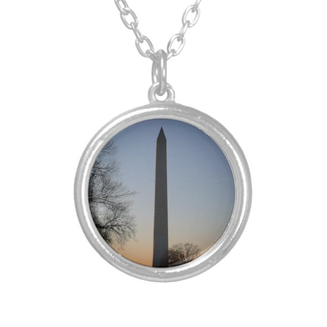 Washington Monument at Sunset in DC Silver Plated Necklace (Front)