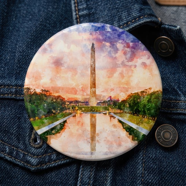 Washington Monument Watercolor Sunset Reflection Button (Washington Monument Watercolor Sunset Reflection. Button)