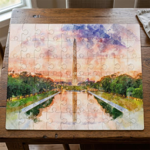 Washington Monument Watercolor Sunset Reflection Jigsaw Puzzle