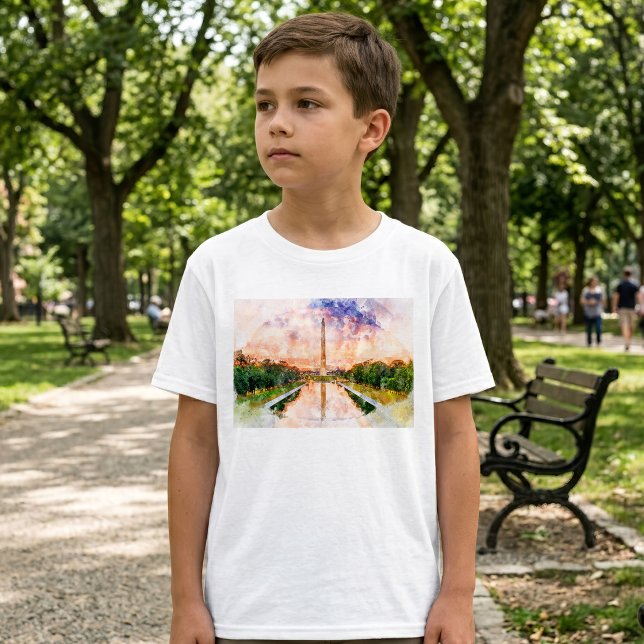 Washington Monument Watercolor Sunset Reflection T-Shirt (Washington Monument Watercolor Sunset Reflection. Boy Basic White T-Shirt)