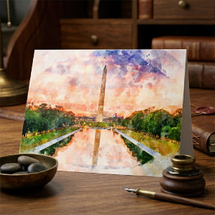 Washington Monument Watercolor Sunset Reflection Thank You Card