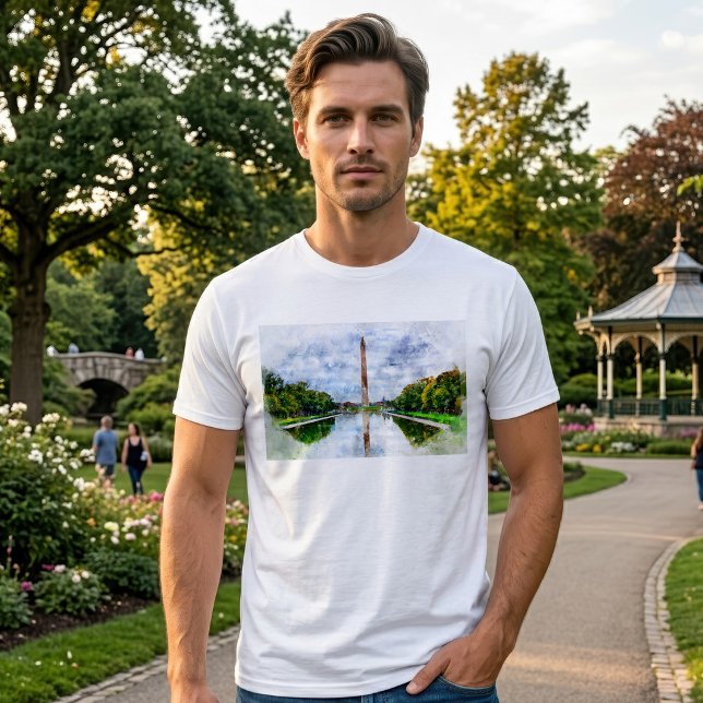 Washington Monument Watercolor with Reflection T-Shirt (Washington Monument Watercolor with Reflection. Men Basic White T-Shirt)