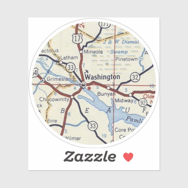 Washington North Carolina Map Sticker (Sheet)