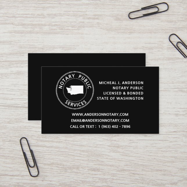 Washington Notary Public Services Business Card (Front/Back In Situ)