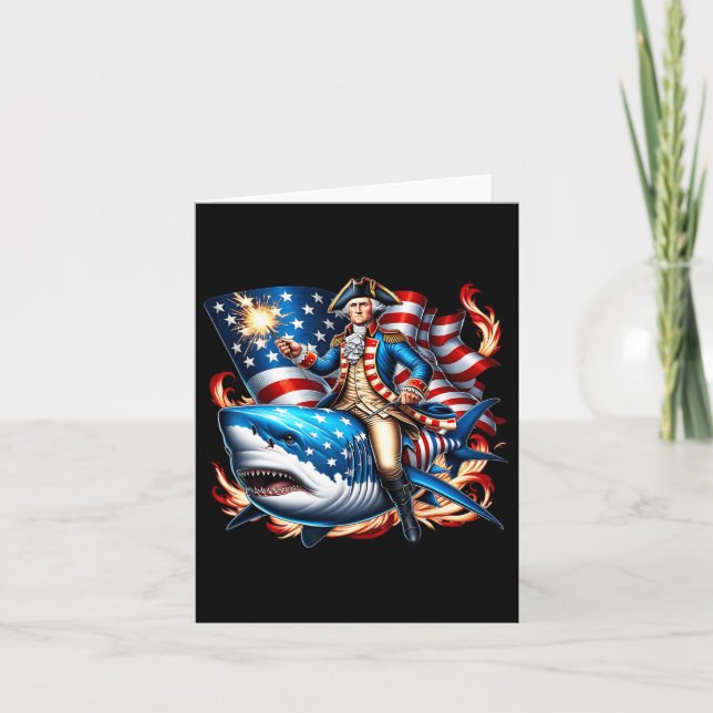 Washington Riding Shark Funny July 4th American Fl Card (Front)