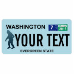 Washington Sasquatch License Plate Cutout<br><div class="desc">The dark silhouette of Sasquatch (Bigfoot) on a blank Washington license plate. Add your own text. License plates for additional states and other entities (Canadian provinces, foreign countries) upon request. Add your own text. If you live or travel in rural areas of the Pacific Northwest you may possibly come across...</div>