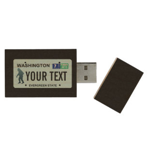 Washington Sasquatch License Plate Wood USB Flash Drive