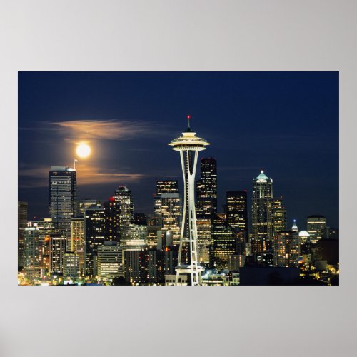 Washington Seattle Skyline at night from Kerry 1 Poster