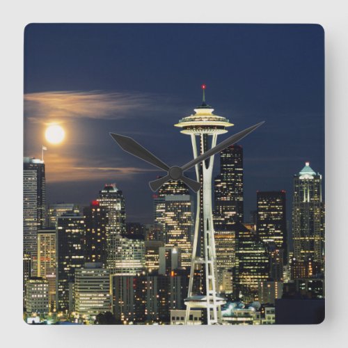 Washington Seattle Skyline at night from Kerry 1 Square Wall Clock
