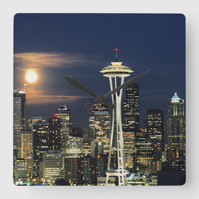 Washington, Seattle, Skyline at night from Kerry 1 Square Wall Clock (Front)