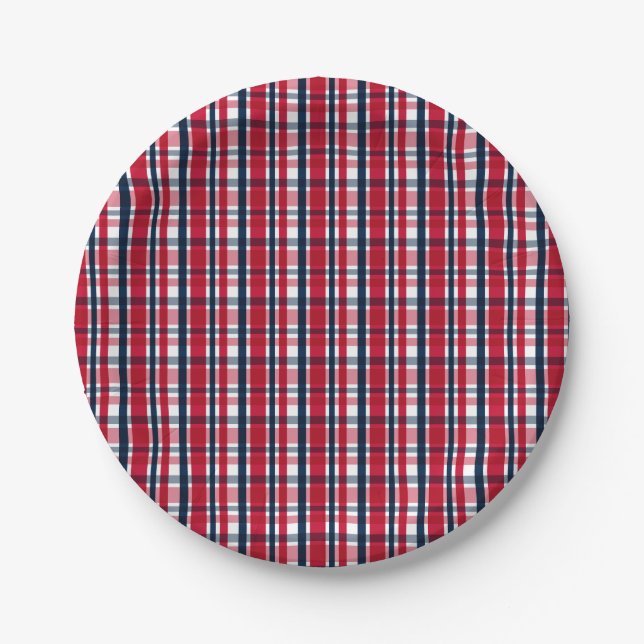 Washington Sports Fan Red White Blue Plaid Paper Plates (Front)
