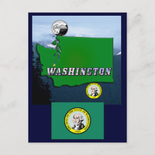 Washington State Map Faux Quarter, Seal, Mountains Postcard