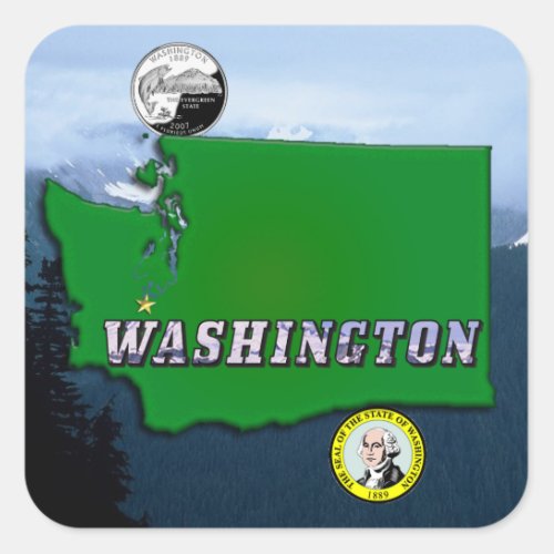 Washington State Map Faux Quarter Seal Mountains Square Sticker