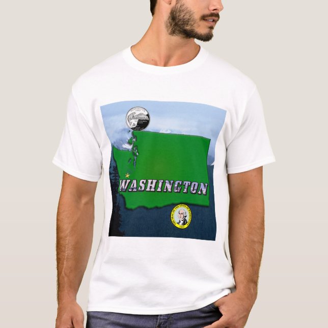 Washington State Map Faux Quarter, Seal, Mountains T-Shirt (Front)