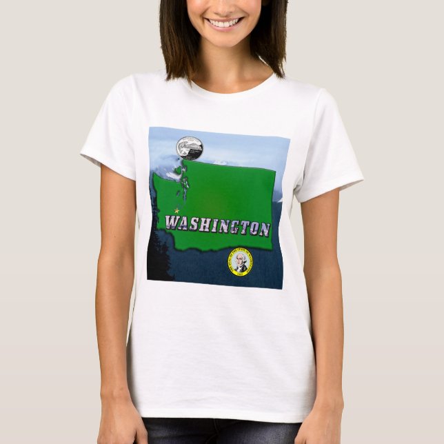 Washington State Map Faux Quarter, Seal, Mountains T-Shirt (Front)
