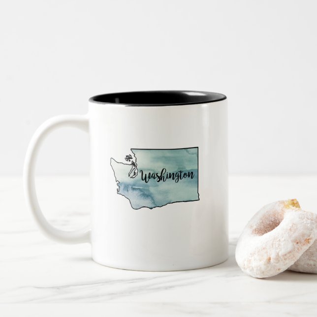 Washington State Map Watercolor Two-Tone Coffee Mug (With Donut)