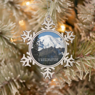 Washington State Mount Rainier Snowflake Pewter Christmas Ornament