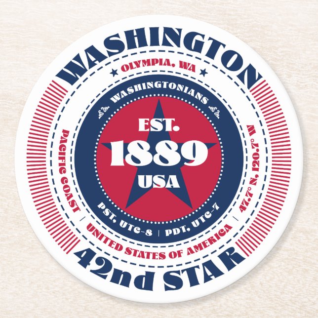 Washington State Red White Blue Round Paper Coaster (Front)