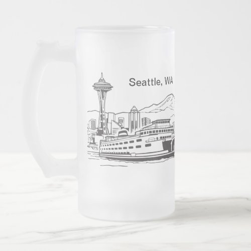 Washington State Seattle Ferry Line Art Frosted Glass Beer Mug