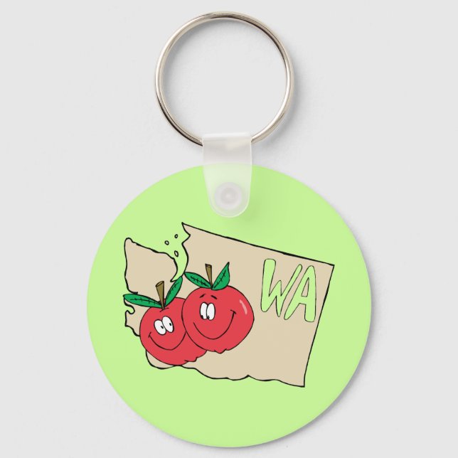 Washington State WA Cartoon Map with Apple Art Keychain (Front)