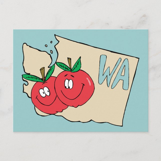 Washington State WA Cartoon Map with Apple Art Postcard (Front)