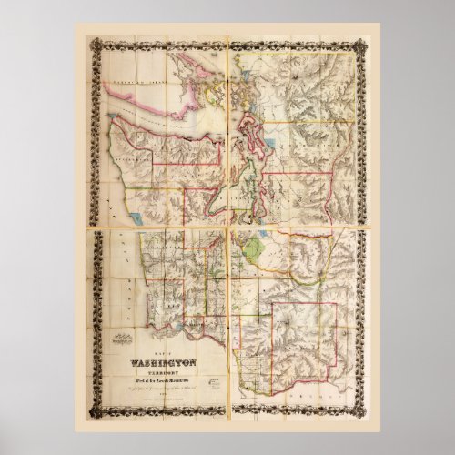 Washington Territory Map 1870 Poster