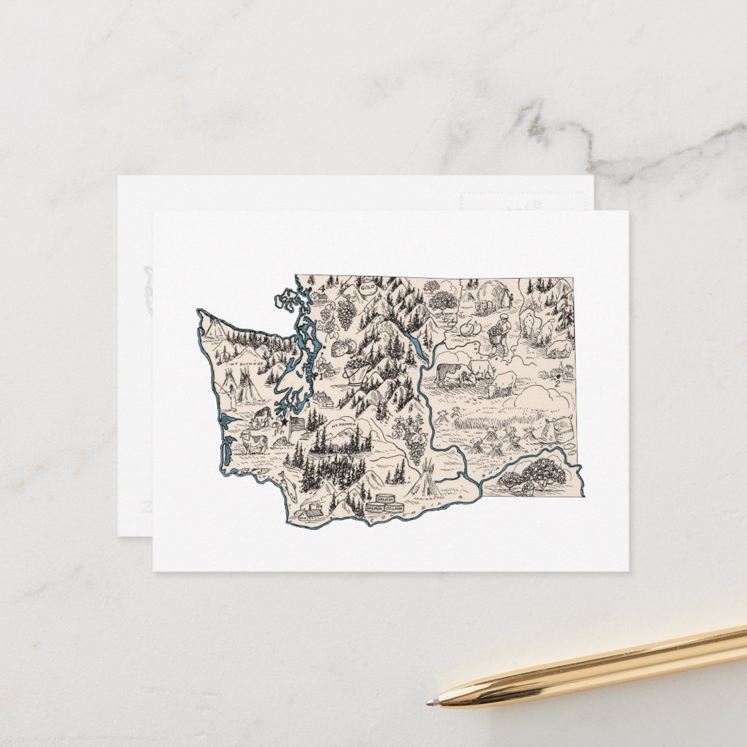 Washington Vintage Picture Map Antique State Chart Postcard Zazzle