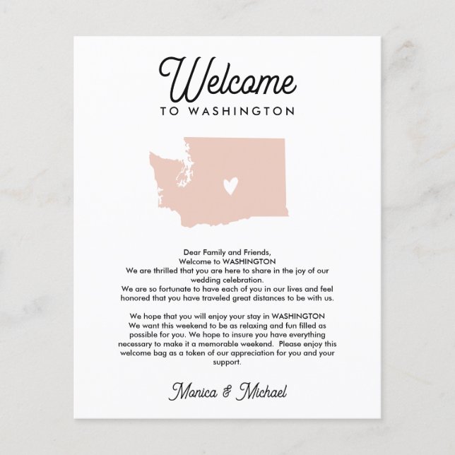 WASHINGTON Welcome  Letter Itinerary ANY COLOR (Front)