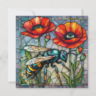 Wasp hornet bee stained glass poppy flower insect card