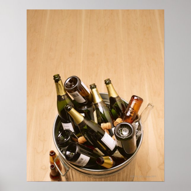 Waste bin full of empty champagne bottles on poster (Front)