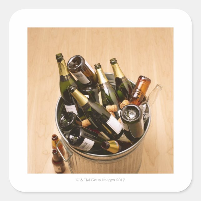 Waste bin full of empty champagne bottles on square sticker (Front)