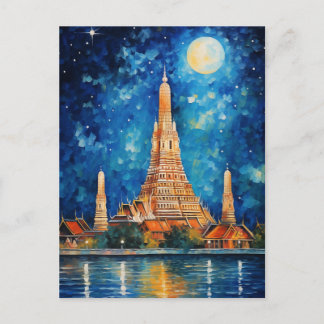 Wat Arun Bangkok Thailand Temple Night Watercolor Postcard